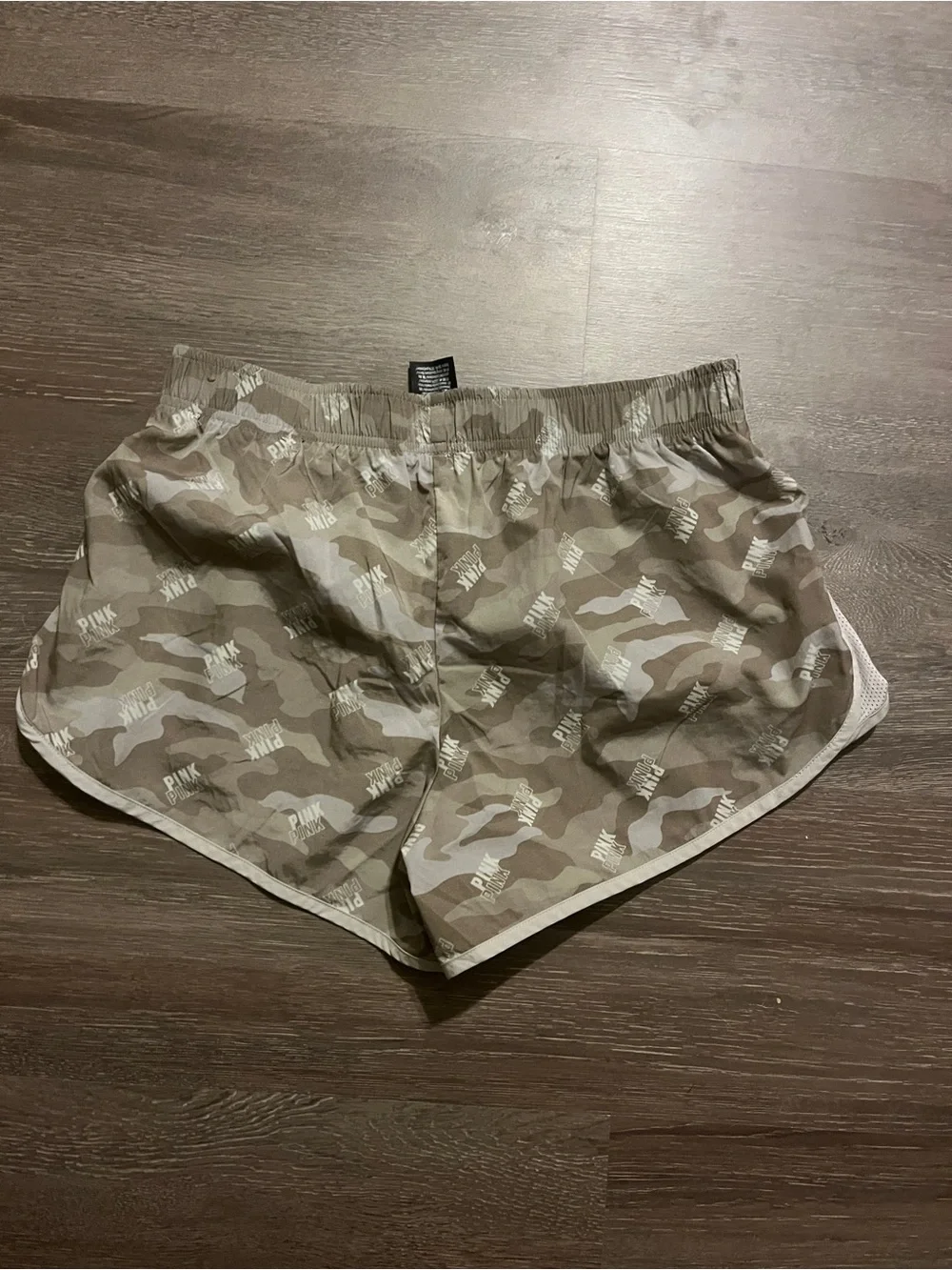 Victoria's Secret PINK camo shorts with repeating 'PINK' text #camouflage #activ